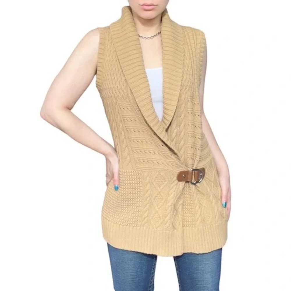 Ralph Lauren Camel Knit Sleeveless Cardigan with Belt